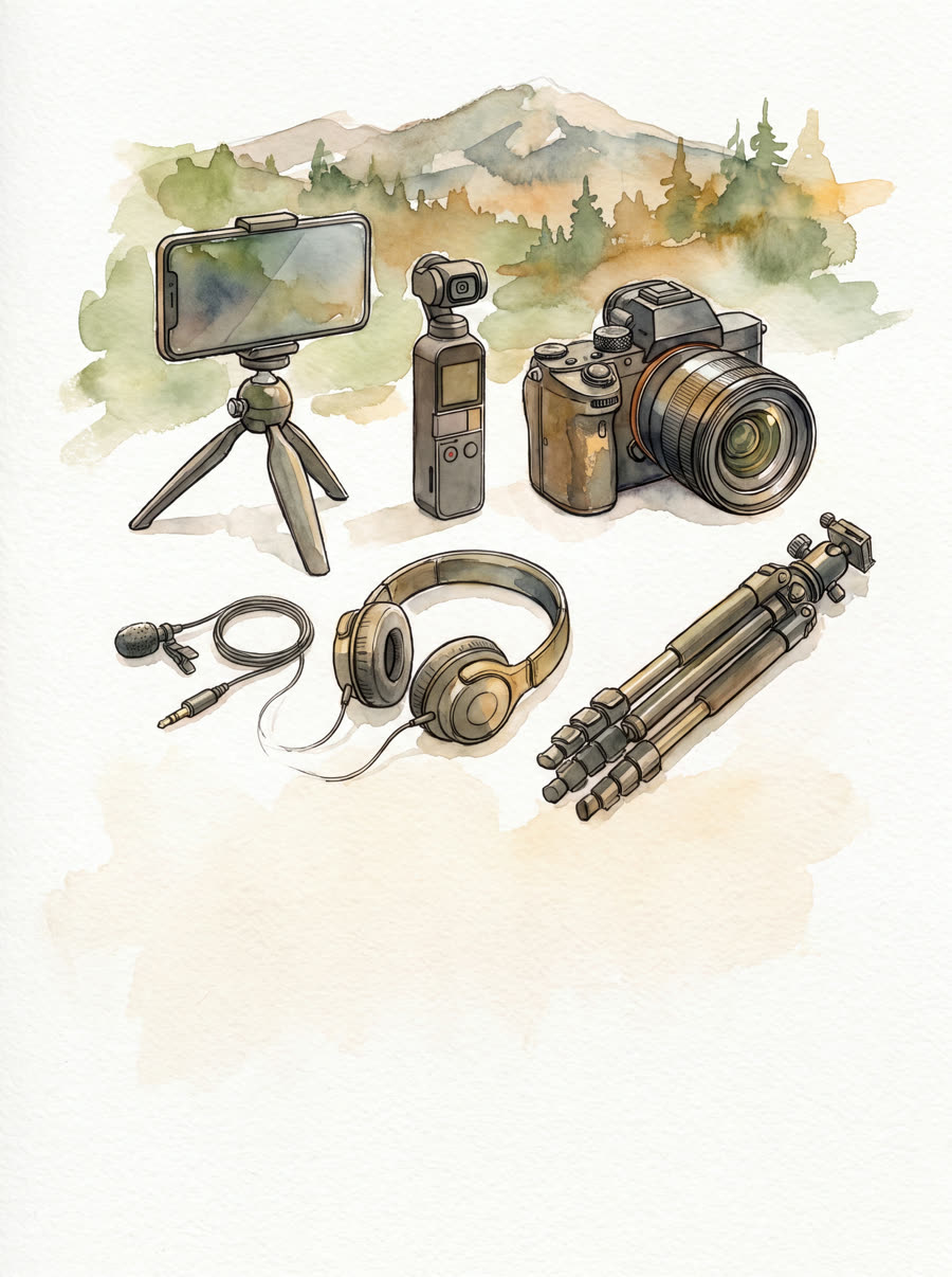 Aquarell der Ausrüstung: Handy auf Stativ, Osmo Pocket, spiegellose Filmkamera, Ansteckmikrofon, Kopfhörer und Stativ vor einer Berglandschaft